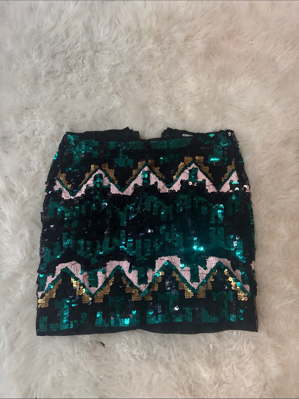 H&M Emerald Green, Gold & Light Pink Sequin Chevron Mini Skirt